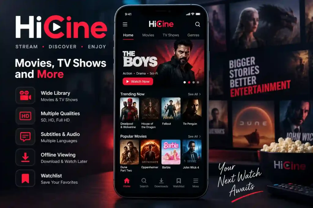 Hicine APK app interface and streaming features